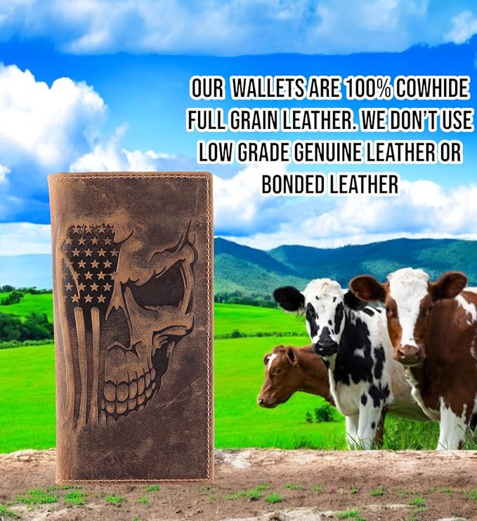 F&L CLASSIC Men's RFID Vintage Look Genuine Leather Long Bifold Wallet Checkbook Wallets,brown flag skull,240-103 - Image 4