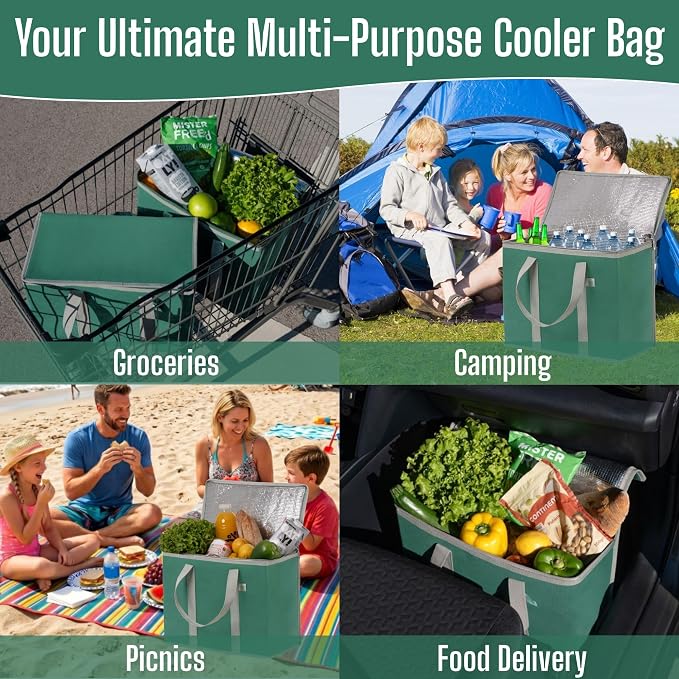 VENO 3 Pack Cooler Bag Insulated Grocery Bags for Food Delivery Heavy Duty | Large Collapsible Cooler, Reusable Shopping Tote with Zippers, Foldable, Stands Upright, for Picnic Camping (Green, 3 Pack) - Image 5