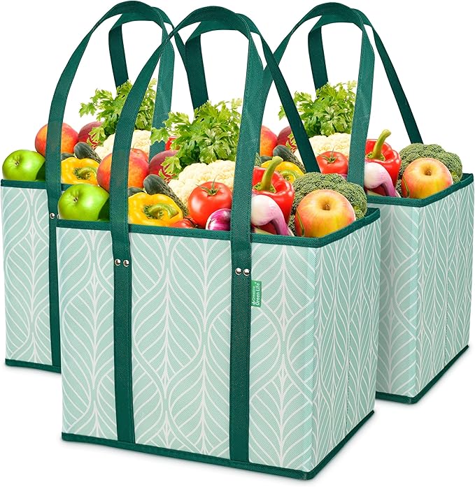 Reusable Grocery Bags (3 Pack) – Heavy Duty Reusable Shopping Bags for Groceries with Box Shape to Stand Up, Stay Open, Fold Flat – Large Tote-Bag is Foldable with Long Handles & Hard Bottom (Green) by CreativeGreenLife