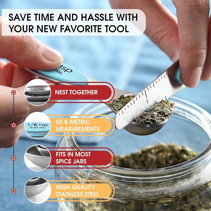 Spring Chef Stainless Steel 8 Magnetic Measuring Spoons, 2 Pack, Aqua Sky | Nesting Metal Teaspoon & Tablespoon Measuring Spoons with Leveler for Dry & Liquid Ingredients, Dual Sided, Dishwasher Safe - Image 6