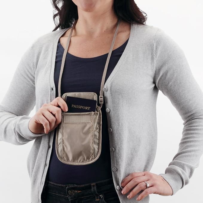 eagle creek RFID Blocker Neck Wallet - Durable and Lightweight Travel Passport and Valuables Organizer with Hook and Loop Closure and Adjustable Neck Strap, Tan - Image 2