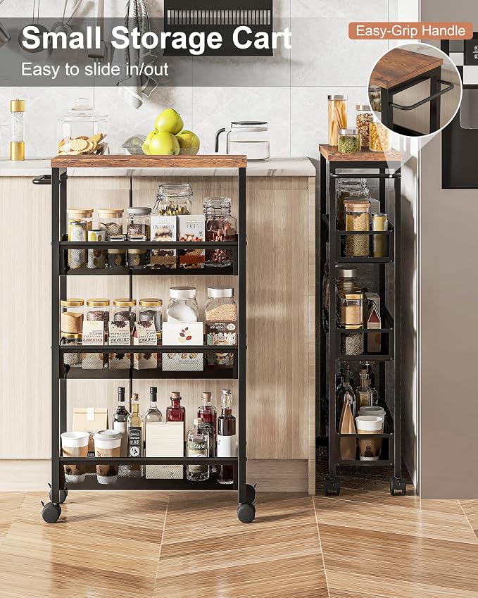 VECELO 4 Tier Slim Rolling Cart Organizer, Rolling Carts On Wheels with Storage, Sturdy Metal Frame Narrow Cart with Handle, Space Saving for Kitchen, Bathroom, Laundry, Rustic Brown - Image 3