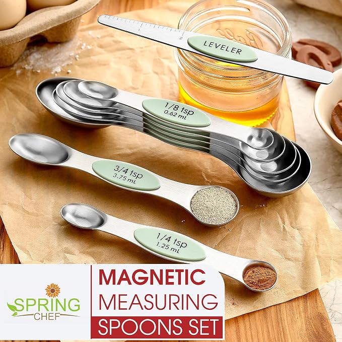 Spring Chef Stainless Steel Magnetic Measuring Spoons Set of 8, Pistachio | Nesting Metal Teaspoon & Tablespoon Measuring Spoons with Leveler for Dry & Liquid Ingredients, Dual Sided, Dishwasher Safe - Image 7