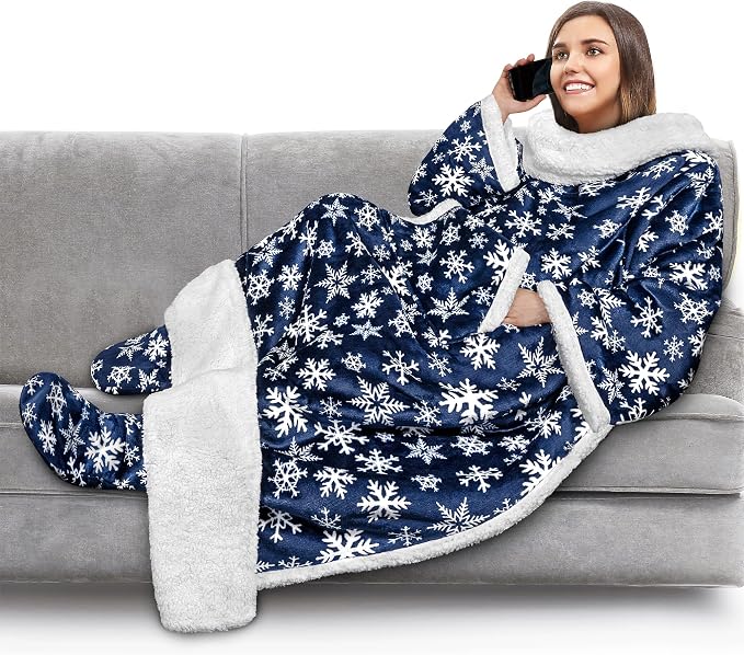 PAVILIA Sherpa Blanket with Sleeves, Foot Pocket for Women Men Adults, Thick Wearable Blanket Throw Wrap, Fleece Warm Snuggle Blanket Robe, Cozy Gift Ideas Wife Mom, Snowflake Blue by PAVILIA