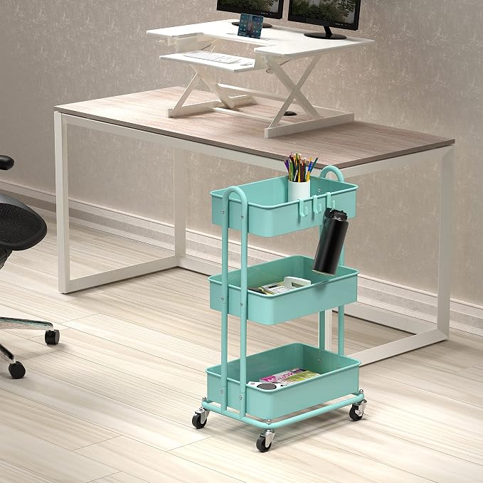 Simple Houseware 3-Tier Heavy Duty Metal Utility Rolling Cart, Turquoise - Image 2