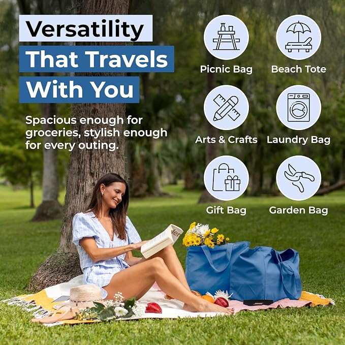 VeraMia Canvas Grocery Bag 3pc XL Set with Real Pockets, Long Shoulder Strap and Short Handle. Heavy Duty, Foldable, Washable - Image 5