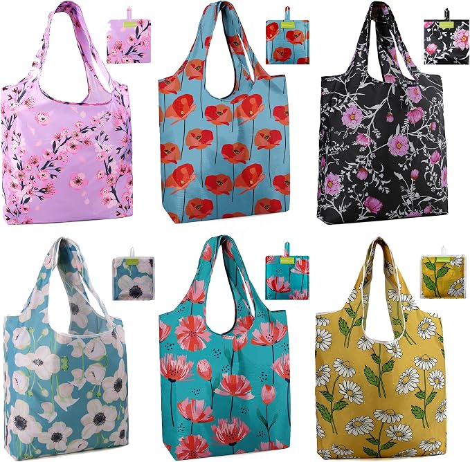 BeeGreen Flower Reusable Shopping Bags Cute Grocery Bag 6 Pack, Christmas Gift Bags Heavy-Duty Foldable Shopping Totes for Supermarket, Work & Travel, Large Washable Polyester Tote Bag with Handles by BeeGreen