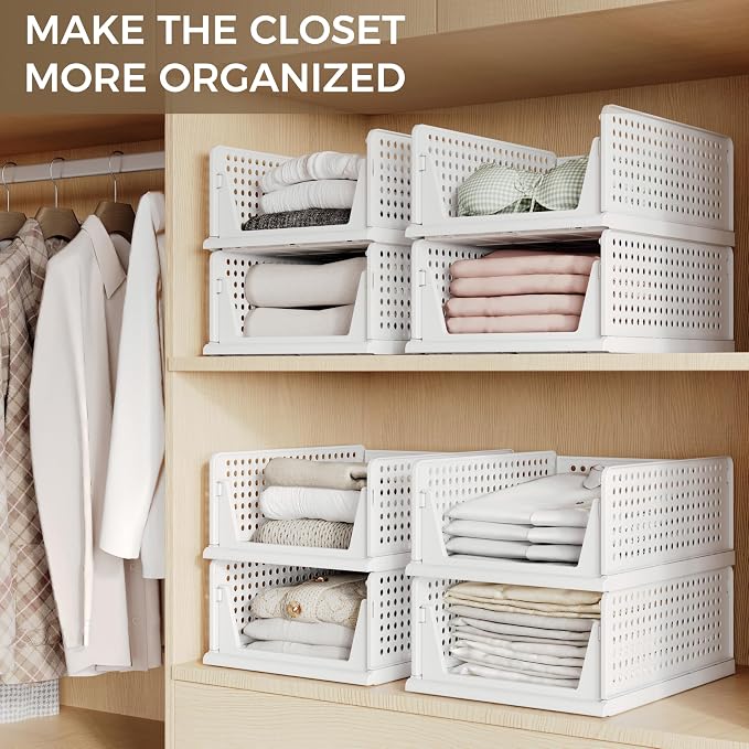8 Pack Closet Organizer Storage Bins Stackable Plastic Drawer Shelf | Basket for Clothing Stackable Storage Bins Shelf Storage Container for Closet Wardrobe Bedroom Bathroom Office White Foldable - Image 5
