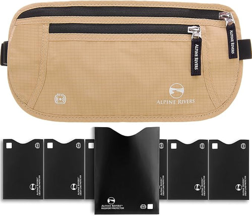 Alpine Rivers Money Belt for Travel - RFID Hidden Wallet, Sahara Sand | Triple-layer RFID shielding, hidden passport holder and waist wallet, 7 card sleeves included, fits 26-56 inch waists by AlpineRivers