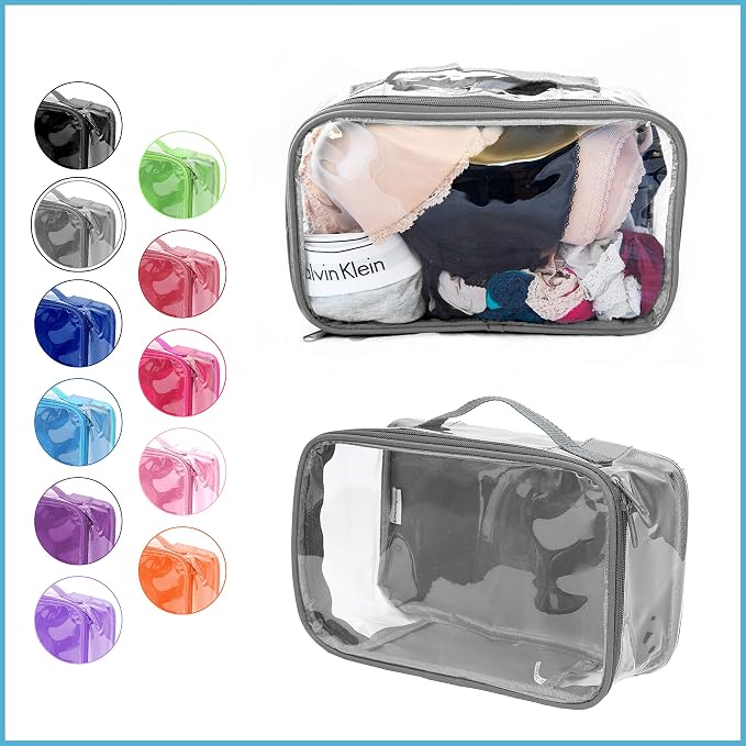 Small Clear Travel Packing Cube/See Through PVC Plastic Pouch for Carry On Suitcase, Backpack or Diaper Bag/Transparent Multipurpose Accessories, Makeup & Underwear Organizer w/Handle (Gray) - Image 2