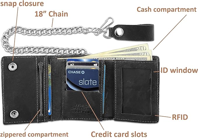 RFID Blocking Men's Tri-fold Vintage Biker Cowhide Leather Steel Chain Wallet,Snap closure, Made In USA,tc315-solid black - Image 2