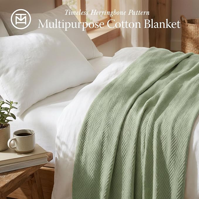 Threadmill Cotton Queen Blanket, Herringbone, Sage Green, Machine Washable | 100% Cotton, Herringbone Pattern, 90x92 in, Breathable, All-Season, OEKO-TEX Certified, Machine Washable - Image 2
