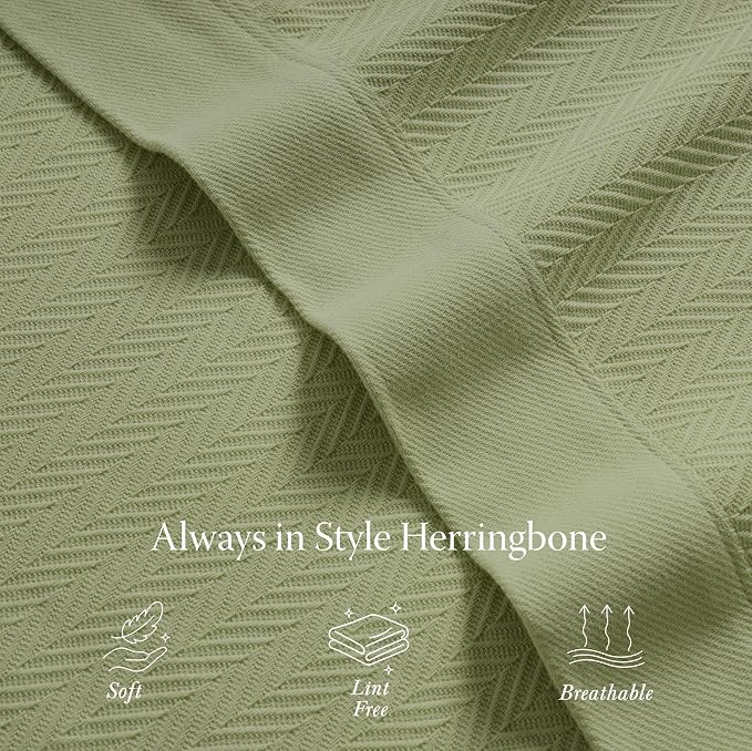 Threadmill Luxury Cotton Blankets for King Size Bed | All-Season Cozy 100% Cotton King Size Blanket | Herringbone Soft Fall Thermal Blanket fits California King Size Bed | Moss Green - Image 4