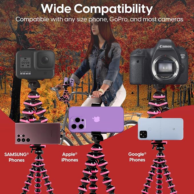 TalkWorks Flexible Tripod for iPhone, Android, Camera - Bendable Legs, Adjustable Stand Holder with Mini Wireless Remote for Selfies, Vlogging, Beauty/Makeup, Live Streaming/Recording - Pink - Image 3