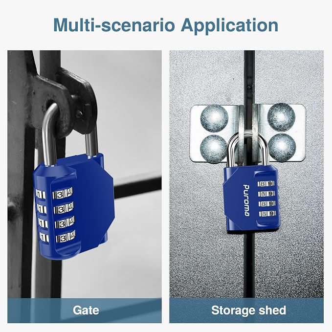Puroma 4 Pack Combination Lock Locker 4 Digits Combo Padlock Gym Blue | For School Gate Fence Toolbox Hasp Storage, Outdoor, Resettable, Weatherproof, Side Window, Crack Cut Resist, Hardened Steel - Image 6