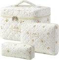 HBselect Quilted Makeup Bag, 3Pcs Cotton Large Travel Makeup Bags Organizer | Cute Floral Make up Bag Cosmetic Bag Toiletry Bag for Women Girls, Makeup Pouch for Skincare, Brushes & Travel Essentials by HBselect
