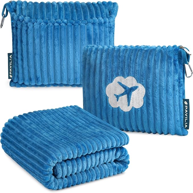 PAVILIA Travel Blanket and Pillow, Soft Ribbed Fleece Airplane, Teal Blue | 65x40, Compact Packable Plane Throw with Bag, Luggage Strap and Back Pocket, Cozy Flight Essentials Travelers Camping Gift by PAVILIA