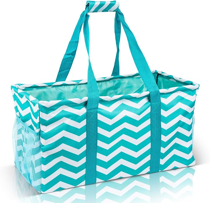 Extra Large Utility Tote Bag - Oversized Collapsible Reusable Wire Frame Rectangular Canvas Basket With Two Exterior Pockets For Beach, Pool, Laundry, Car Trunk, Storage - Chevron Teal by Lucazzi