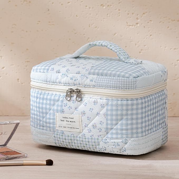 HBselect Quilted Makeup Bag, 3Pcs Cotton Large Travel Makeup Bags Organizer | Cute Floral Make up Bag Cosmetic Bag Toiletry Bag for Women Girls, Makeup Pouch for Skincare, Brushes & Travel Essentials - Image 6