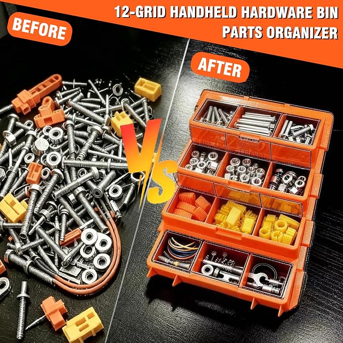 ULIBERMAGNET Tool Box Organizer,12-Compartment Portable Small Parts Organizer for Screws, Bolts,Nails,Washers, Wall-Mounted Hardware Storage Boxes for Garage, Truck, Workshop (Orange) - Image 7