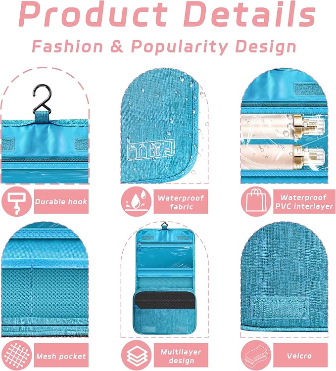 Toiletry Bag Travel Bag with Hanging Hook for Women Men,Sky Blue | Waterproof Small Capacity Hanging Multifunctional Makeup Bag for Toiletries, Portable Cosmetic Bag Travel Organizer - Image 3