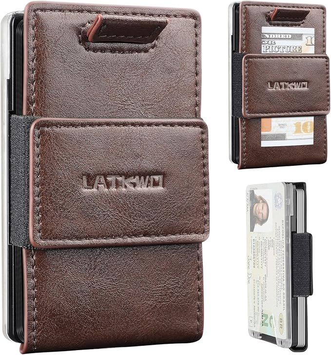 Wallet for Men Slim Pull Tab Metal RFID Blocking Credit Card Holder with ID Window & Cash Strap - Compact Front Pocket Design Holds 1-10 Cards (3.62x2.36x0.47in) (Coffee) by LATKWO