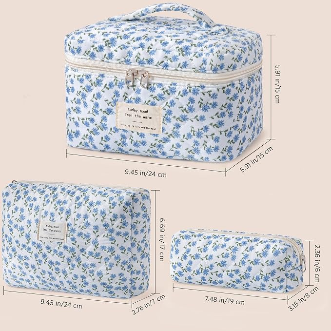 HBselect Quilted Makeup Bag, 3Pcs Cotton Large Travel Makeup Bags Organizer | Cute Floral Make up Bag Cosmetic Bag Toiletry Bag for Women Girls, Makeup Pouch for Skincare, Brushes & Travel Essentials - Image 6