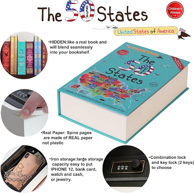 50 States Atlas Book Safe with Real Pages, Student Secret Compartment Items Storage Box with Classic Key Lock, Decorative Hidden Stash Box, Family Allowance Coin Bank, 9.3"x6.0"x2.3" - Image 5