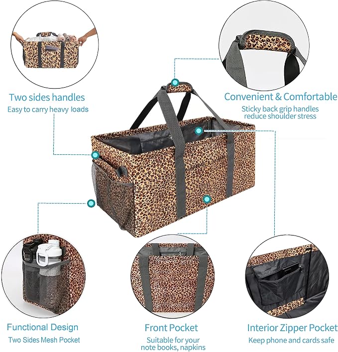 Joyfol Day Extra Large Utility Tote Bag, Reusable Grocery Bags Foldable,Upgraded Metal Frame, With Sturdy Handles Reinforced Bottom Heavy Duty Oxford Fabric Moving Shopping Bags, Leopard Brown - Image 6
