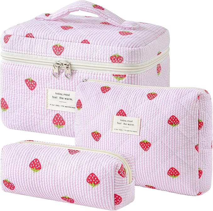 HBselect Quilted Makeup Bag, 3Pcs Cotton Large Travel Makeup Bags Organizer | Cute Floral Make up Bag Cosmetic Bag Toiletry Bag for Women Girls, Makeup Pouch for Skincare, Brushes & Travel Essentials by HBselect