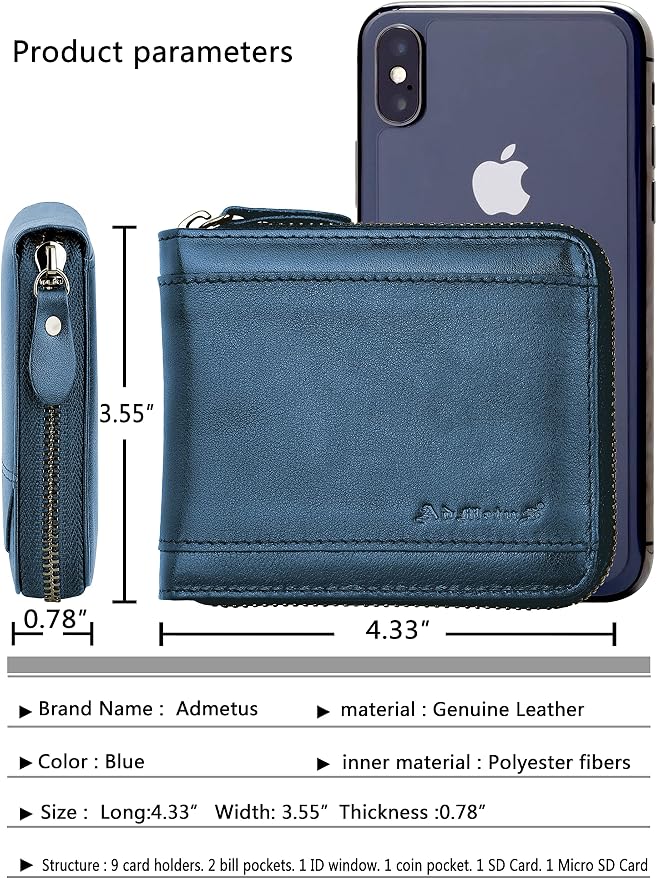 Admetus Mens RFID Blocking Wallets Zipper Leather Wallet for Men Bifold RFID Card Holder - Image 5