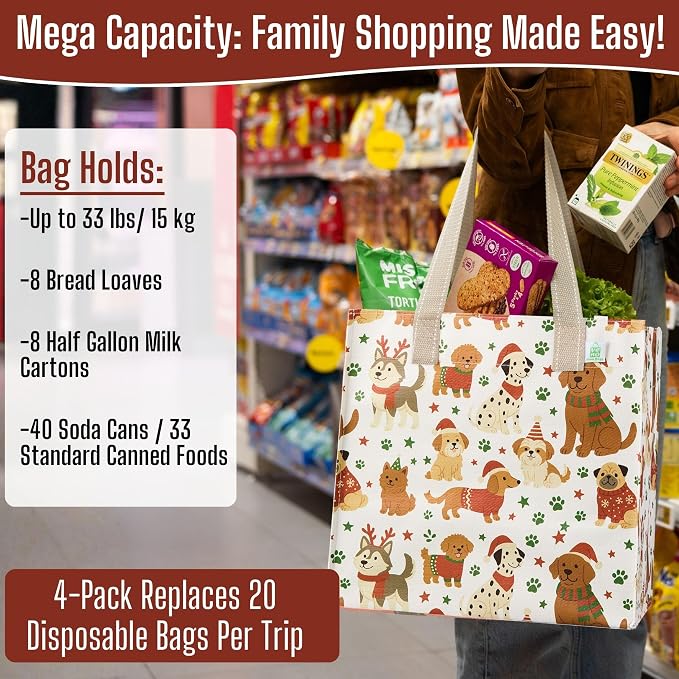 VENO 4 Pack Large Grocery Bag Reusable Shopping Bags with Hard Bottom | Utility Tote with Reinforced Handles, Heavy Duty, Foldable, Stand Upright, for Groceries Shopping Cart(Holiday Pups, 4 Pack) - Image 5