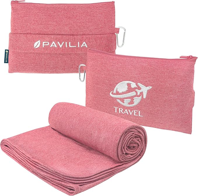 PAVILIA Soft Travel Blanket, Compact Airplane Blanket in Bag, Portable Blanket Pillow Set, Lightweight and Packable Plane Flight Car Trips Travel Home Office Gift Accessories, Pink, 65x40 inches by PAVILIA