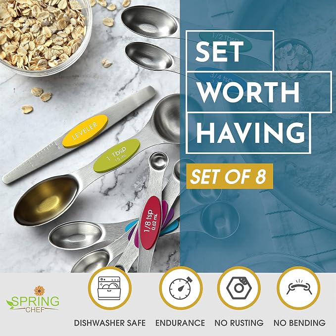 Spring Chef Magnetic Measuring Spoons Set of 8 for Kitchen, Multicolor | Stainless Steel Teaspoon & Tablespoon Measuring Spoons with Leveler for Dry & Liquid Ingredients, Dual Sided, Dishwasher Safe - Image 2