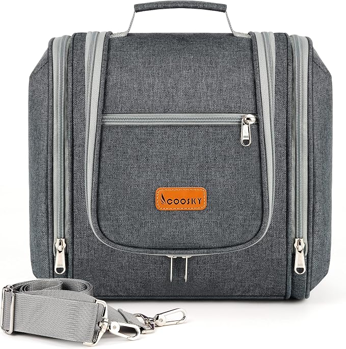Hanging Travel Toiletry Bag for Women and Men, 6 Organizer Compartments, Extra Large Toiletries Bag, Bathroom Cosmetic Bag, Water-resistant Makeup Bag, Holds Full-Size Shampoo, Grey by COOSKY