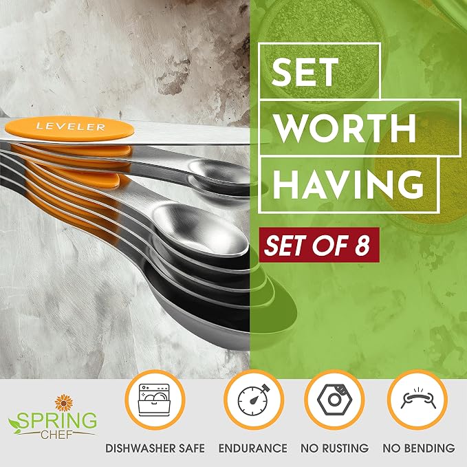 Spring Chef Stainless Steel Magnetic Measuring Spoons Set of 8, Mango | Nesting Teaspoon & Tablespoon Measuring Spoons w/ Leveler for Dry & Liquid Ingredients, Measure Spoons For Baking & Cooking - Image 3