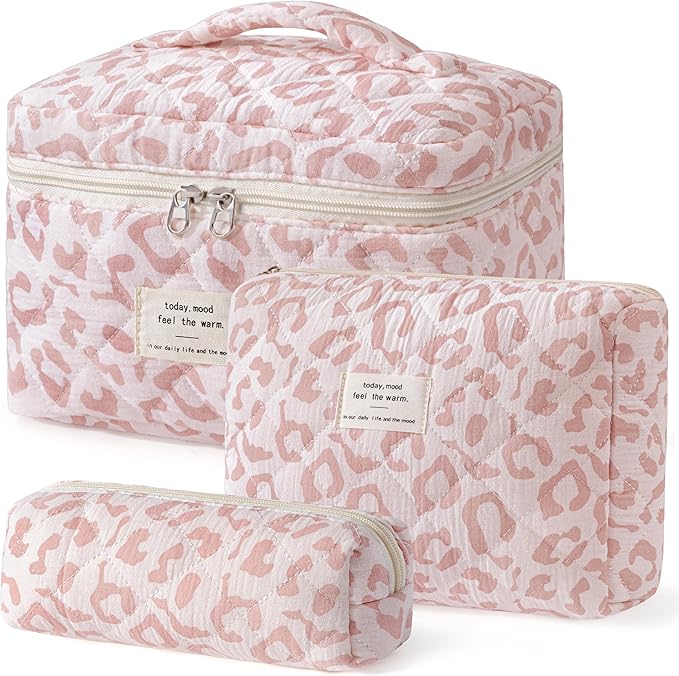 HBselect Quilted Makeup Bag, 3Pcs Cotton Large Travel Makeup Bags Organizer | Cute Floral Make up Bag Cosmetic Bag Toiletry Bag for Women Girls, Makeup Pouch for Skincare, Brushes & Travel Essentials by HBselect