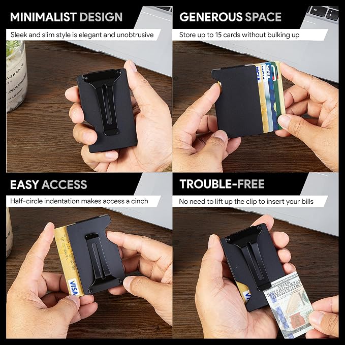 Minimalist Wallet for Men, Slim Metal RFID Blocking Wallet Credit Card Holder Money Clip & Cash Strap, Scratch-Resistant Holds 15 Cards,Ideal Gift for Men | Matte Black - Image 6