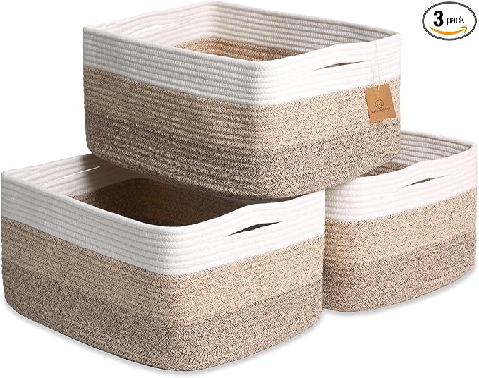 NaturalCozy Storage Baskets 16.8”x13”x7.6” Cotton Rope Woven Baskets for Organizing 3-Pack | Toy Storage Bins | Basket for Shelves, Laundry, Blanket, Clothes, Closet, Kitchen, Bathroom, Gifts by NaturalCozy