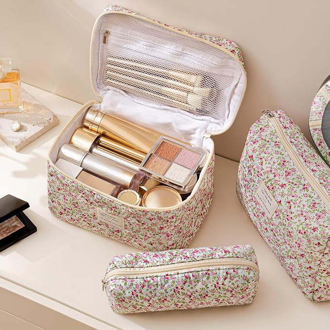 HBselect Quilted Makeup Bag, 3Pcs Cotton Large Travel Makeup Bags Organizer | Cute Floral Make up Bag Cosmetic Bag Toiletry Bag for Women Girls, Makeup Pouch for Skincare, Brushes & Travel Essentials - Image 3