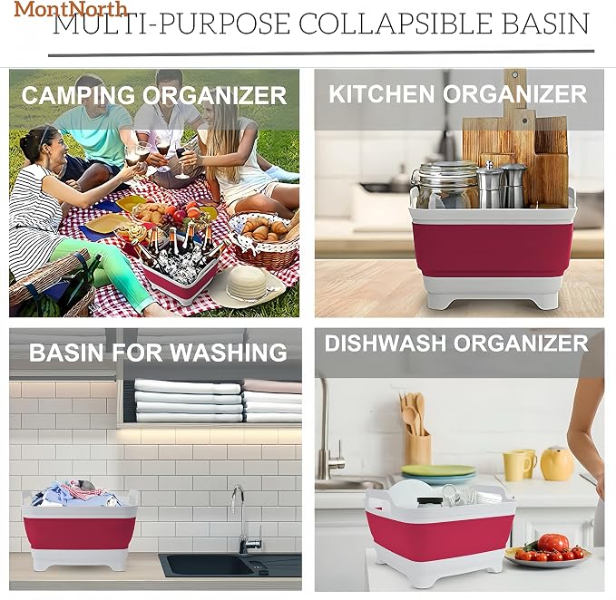 Collapsible Wash Basin 9L, Foldable Dish Tub with Drain Plug, Portable Collapsible Dish Basin, Camping Sink for Washing Dishes, Laundry & Kitchen Use (Viva Magenta) - Image 8