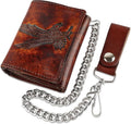 RFID Blocking Men's Tri-fold Vintage Biker Cowhide Leather Steel Chain Wallet,Snap closure, Made In USA,at315-42,eagle,brown by FLCLASSIC