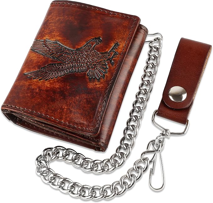 RFID Blocking Men's Tri-fold Vintage Biker Cowhide Leather Steel Chain Wallet,Snap closure, Made In USA,at315-42,eagle,brown by FLCLASSIC