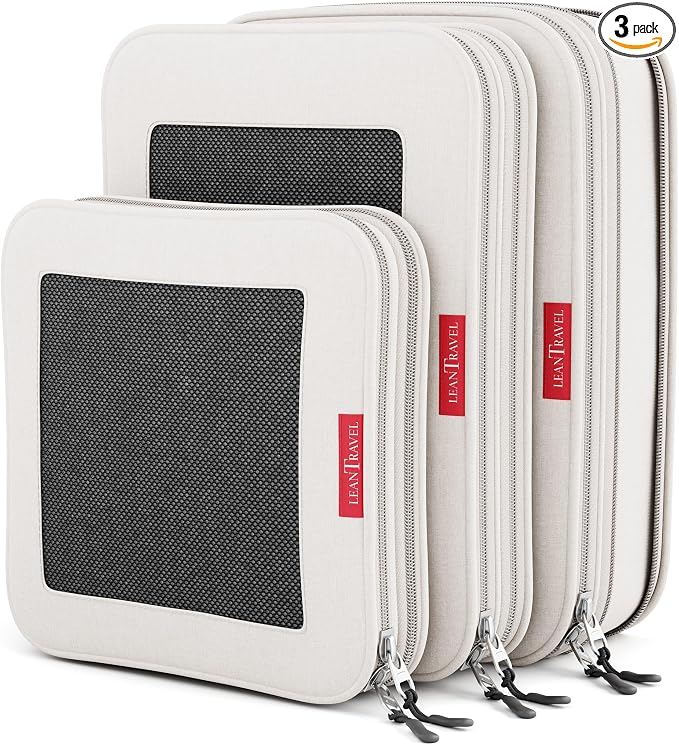 LeanTravel Premium Compression Packing Cubes for Travel - Luggage Organizers with Double Zipper - Sturdy Bags for Suitcase (3-Pack, Sand) by LeanTravel