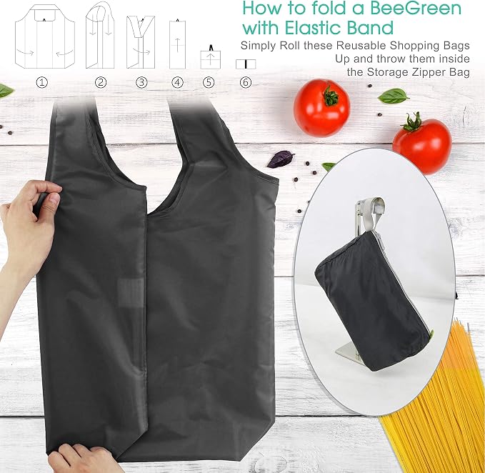 BeeGreen Black Reusable Grocery Bags Wholesale Dark Reusable Kitchen Bags Bulk Foldable-Machine Washable with Zipper Storage Pouch 50 Packs - Image 4