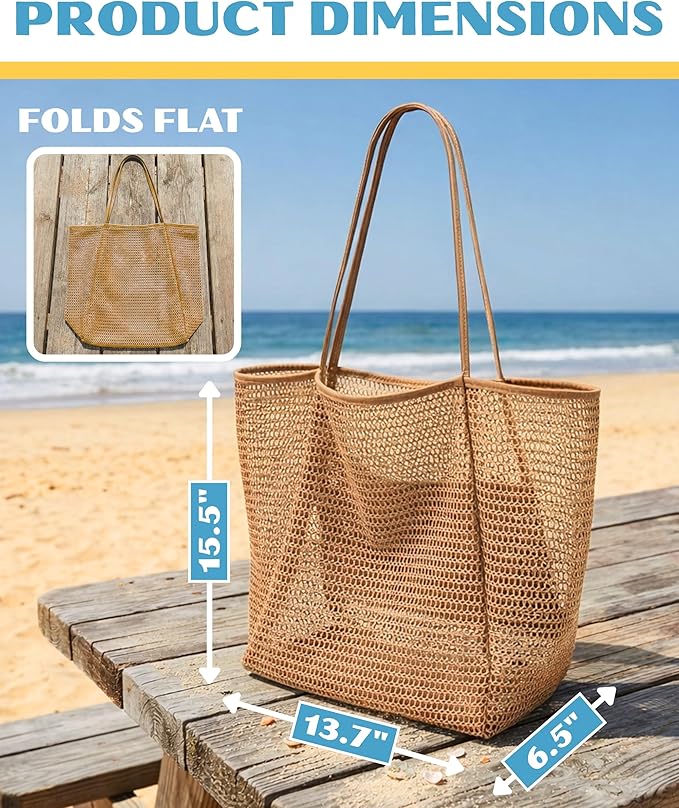 Rave Envy Large Mesh Beach Tote Bag - Waterproof Pool & Travel Beach Bag | Large Capacity | Sturdy Base | Lightweight Foldable Design | Quick-Drying Breathable Fabric | Spacious Multi-Pocket Storage - Image 3