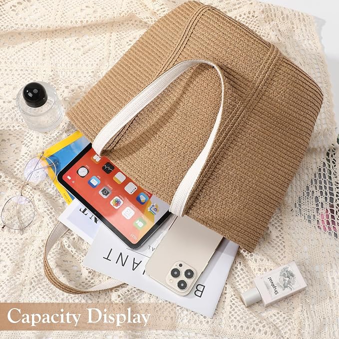 Tavaleu Straw Beach Bags for Women Tote Handbag Shoulder Hobo Bucket Bag | Lightweight, Foldable, PU Straps, Magnetic Closure, Zip Pocket, Reinforced Bottom, Summer Purse, Travel, Vacation, Daily Use - Image 7
