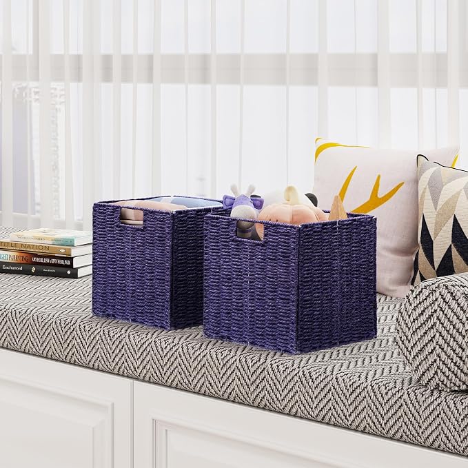 Wicker Storage Basket, Set of 2 Hand-Woven Wicker Basket, 11 inch Storage Basket, Foldable Cube Storage Organizer Bins, Storage Baskets for Organizing Shelves Decor, Purple (11″×11″×11″) - Image 8