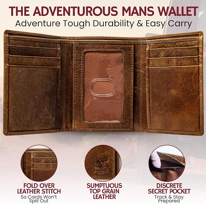 BULL GUARD Men’s RFID Trifold Leather Wallet with ID Window, Crafted from Durable Oil Tan Leather with Strong Stitching, Stylish, Secure Wallet for Work, Sport, Travel, Outdoors, Embossed Eagle Emblem - Image 2