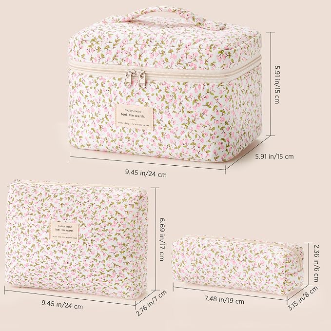 HBselect Quilted Makeup Bag, 3Pcs Cotton Large Travel Makeup Bags Organizer | Cute Floral Make up Bag Cosmetic Bag Toiletry Bag for Women Girls, Makeup Pouch for Skincare, Brushes & Travel Essentials - Image 6